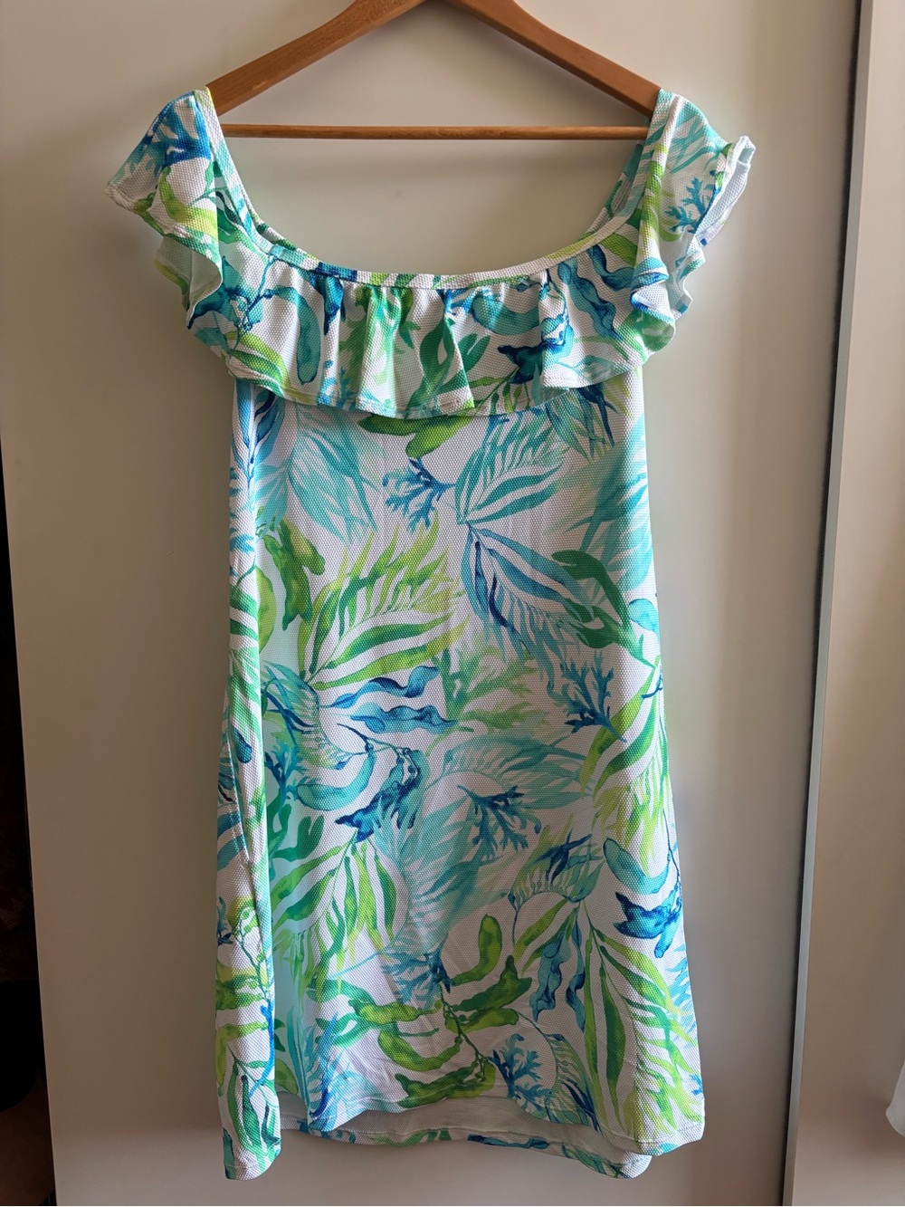 Tommy Bahamas Tropical Ruffle Off-Shoulder Dress - Aqua & Lime Leaf Print